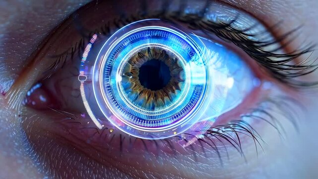 Closeup eye circular calibration rings overlay with blue hud, precise gaze tracking markers, user testing vibe, soft natural skin tones and detailed pupil movement mapping for interaction