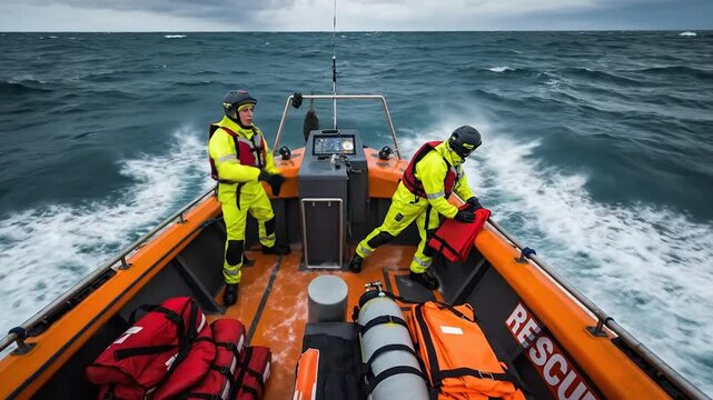Two rescuers in neon yellow jackets on a boat performing rescue operations at sea
