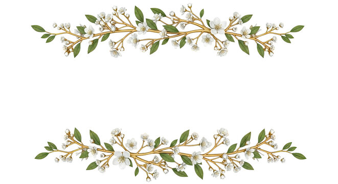 Golden branches with white blossoms and green leaves border