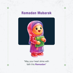 Fototapeta premium Ramadan Mubarak smiling girl in hijab holding book colorful character illustration