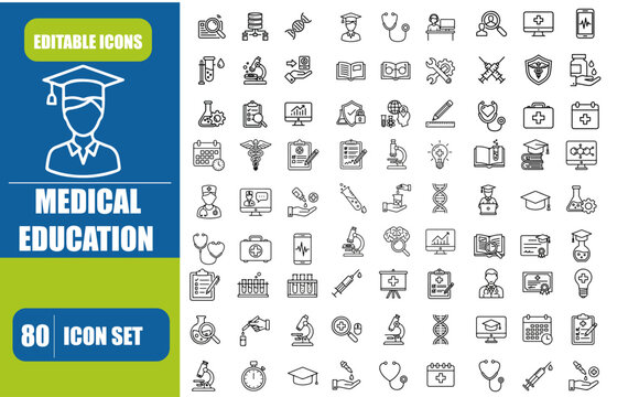 MEDICAL EDUCATION ICON SET, CONTAINING MEDICINE, COLLEGE, STUDENT, LEARNING, BOOK, AND MORE, EDITABLE STROKE, VECTOR ILLUSTRATION, 

