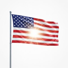 Obraz premium American Flag Waving Against a White Background with Sunlight Flare