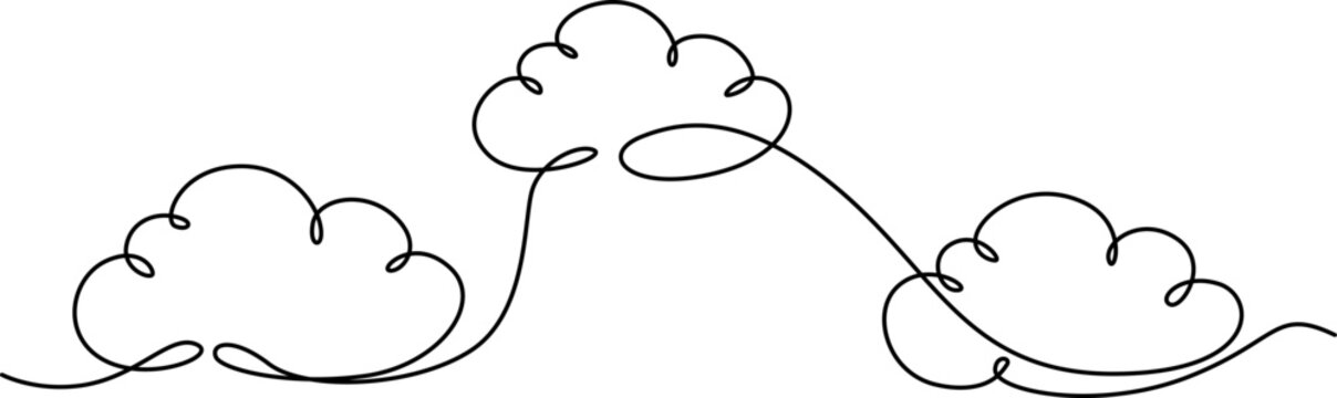 Abstract sun and clouds continuous line art drawing. Cloudy weather concept, Cloud-shaped speech or thought bubble in one line art style. Drawing of a thought or idea symbol with editable black stroke