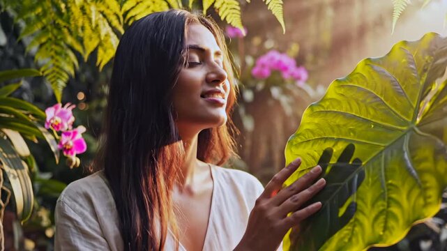 asian woman in tropical garden gently touching giant leaf, warm golden sunlight filters through ferns and philodendron leaves, pink orchid blooms in background, relaxed smile, mindful