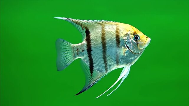 Elegant Freshwater Angelfish Swimming Slowly Against a Green Screen Background