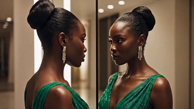 Black woman in emerald gown stands in hotel corridor meeting her reflection with poised, contemplative expression diamond drop earrings, sleek bun updo, warm ambient lighting, luxurious