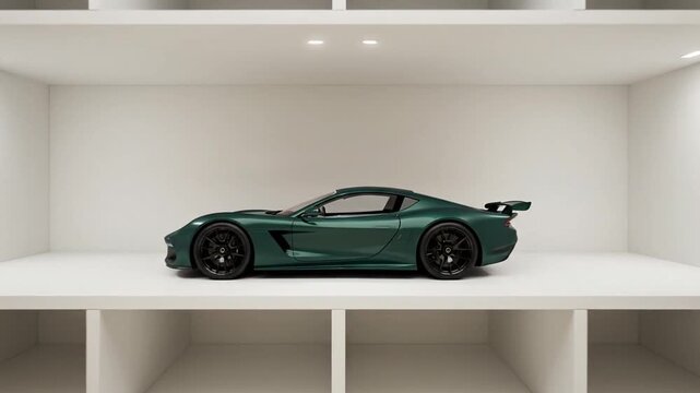 A sleek, dark green sports car with a large rear spoiler is showcased in a modern, minimalist display shelf