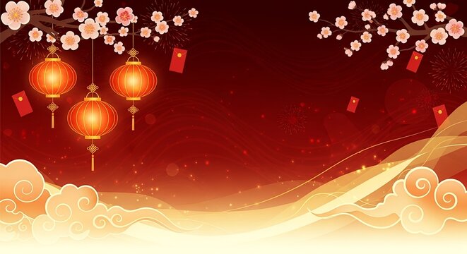 Vibrant cultural celebration backdrop with traditional red lanterns, delicate cherry blossoms, and auspicious clouds, symbolizing prosperity, good fortune, and festive joy