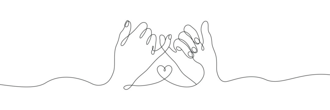 Continuous one line drawing of two hands making a pinky swear promise with heart symbol. Editable stroke. Doodle hand drawn vector illustration