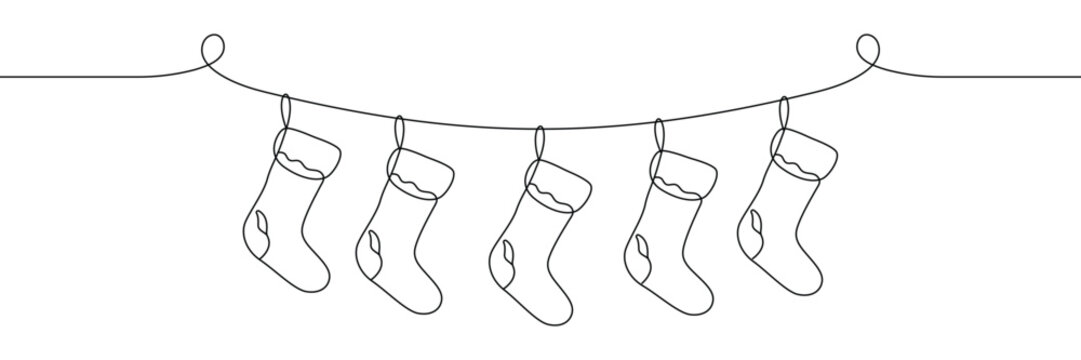 Continuous one line drawing of five Christmas stockings hanging on a string for holiday decoration. Editable stroke. Doodle hand drawn vector illustration