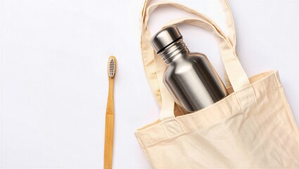 Naklejka premium Sustainable lifestyle concept with bamboo toothbrush and stainless steel water bottle inside reusable cotton tote bag on white background