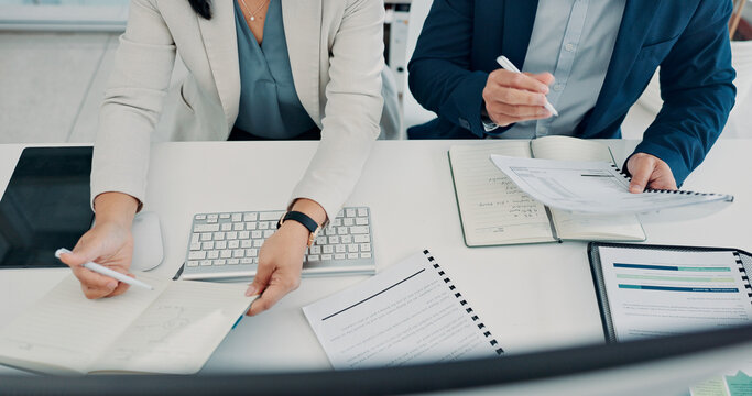 Documents, above and hands of business people for finance report, budget review and research. Corporate, teamwork and man and woman with paperwork, financial proposal and writing notes for planning