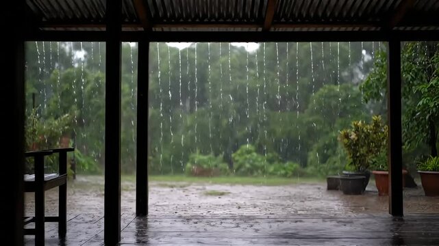 Heavy Rainfall Scene Stock Footage Exterior View of Tropical Rain with Plants and Bench Weather Nature Background Rainy Day Wet Season Climate