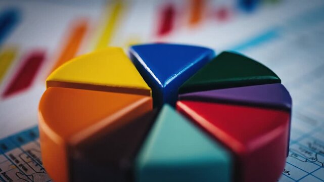 A colorful pie chart graph is displayed over a business financial report, representing data analysis and success