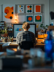 A creative director focuses on digital design in a lively studio adorned with colorful artworks Generative AI