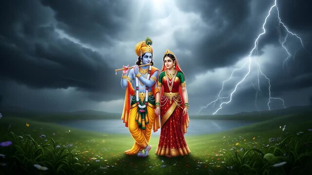 Lord Krishna and Radha standing together during a thunderstorm with lightning.