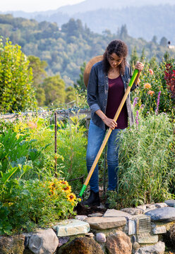 Black woman working in her beautiful backyard garden 