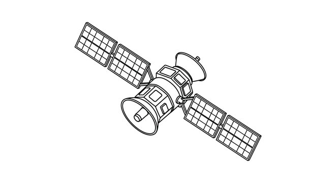 A simple line drawing depicts a satellite in space featuring solar panels and a cylindrical body high quality