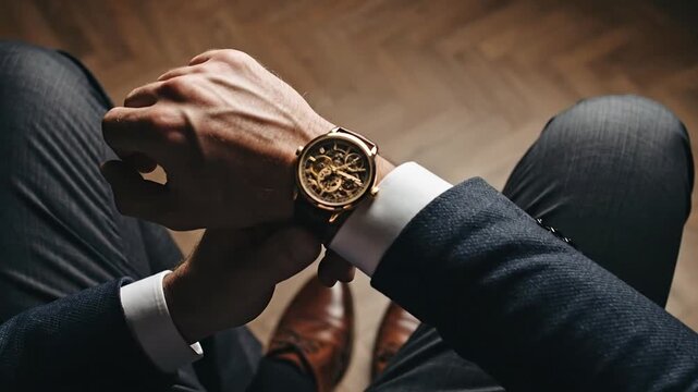Close up of a man's hand wearing a luxury wristwatch, emphasizing the elegance and sophistication of timekeeping accessories