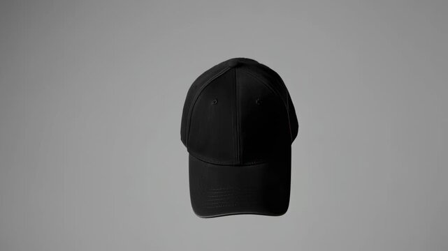 A sleek, dark baseball cap floats in mid-air against a soft background