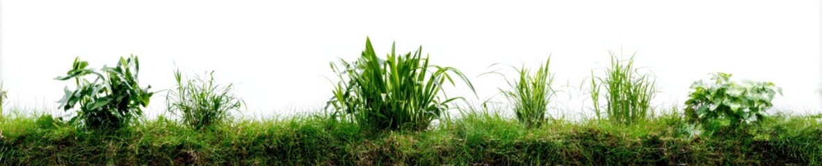 Obraz premium Lush Green Plants and Grass Growing in a Row for Nature Landscape Design, Gardening and Ecology Projects Isolated on Solid White Background with Copy Space