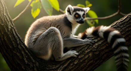 Fototapeta premium A ring-tailed lemur sits calmly on a tree branch, its distinctive striped tail and expressive eyes highlighted by soft natural forest light.