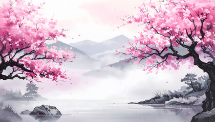 墨絵風の桜と霧