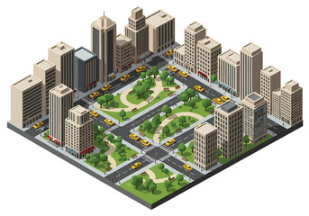 Obraz premium Isometric 3D view illustration of a New York-inspired urban park landscape with grid streets, green spaces, walking paths, and surrounding city blocks in clean vector style