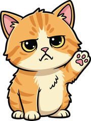 Obraz premium Grumpy Kitten Sticker | Cute Orange Tabby Cat Raising Paw Waving with Skeptical Expression