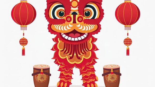 Traditional Chinese Lion Dance with Red Lanterns and Drums. Cultural Celebration Vector for Lunar New Year.