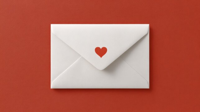 White envelope showing red heart on mailing on textured red background, valentine day