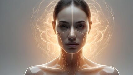 Stunning portrait of a futuristic woman showcasing glowing neural pathways and advanced bio-digital interface analysis across her defined features