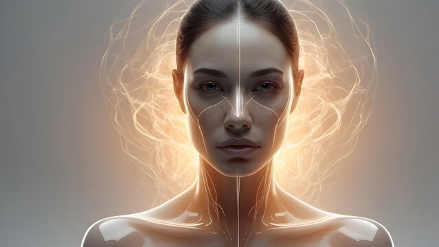 Stunning portrait of a futuristic woman showcasing glowing neural pathways and advanced bio-digital interface analysis across her defined features