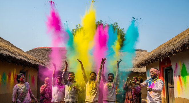 Dynamic image of a joyful group celebrating the vibrant Holi festival, throwing colorful powder high in a sunny rural Indian village.