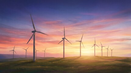 Wind turbines on a grassy hill at sunset, generating clean energy.