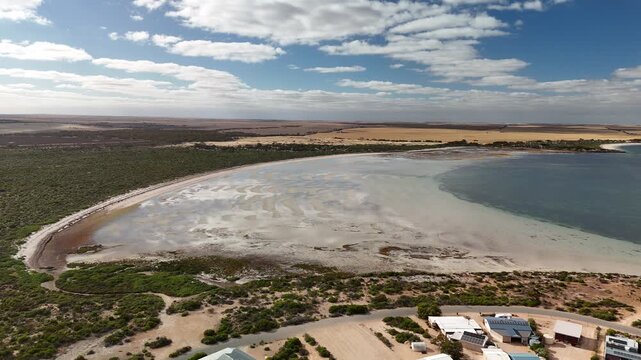 Eba Anchorage, South Australia Coastline &ndash; 4K aerial drone footage of coastal settlement, beach, residential houses, tidal flats and Spencer Gulf shoreline