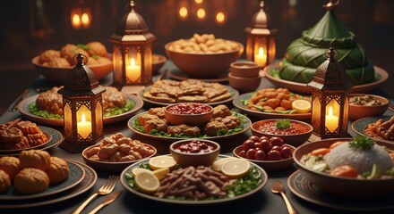 Festive Table Spread with Traditional Dishes and Lanterns