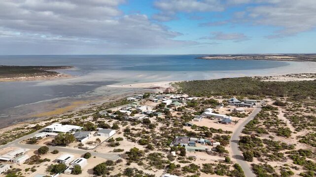 Eba Anchorage, South Australia Coastline &ndash; 4K aerial drone footage of coastal settlement, beach, residential houses, tidal flats and Spencer Gulf shoreline