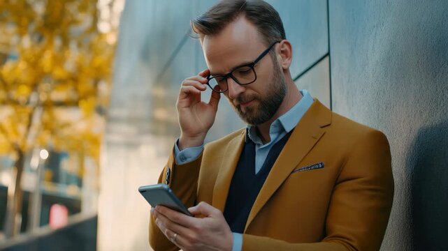 Business professional clarifies details on smartphone in urban setting during autumn afternoon, business man using a smartphone to clarify the necessary information