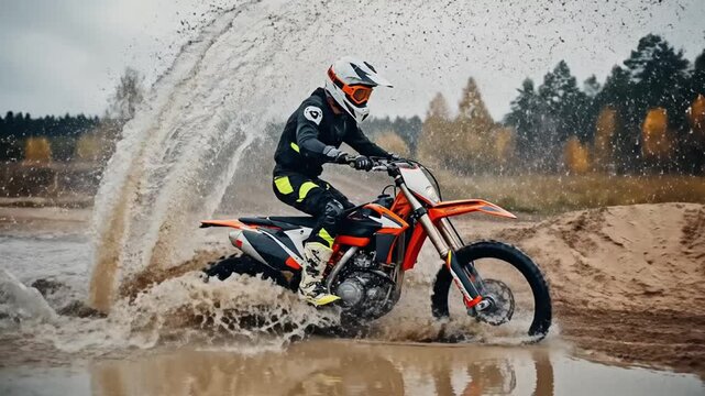 Motocross rider splashes through water on a muddy track with trees in background