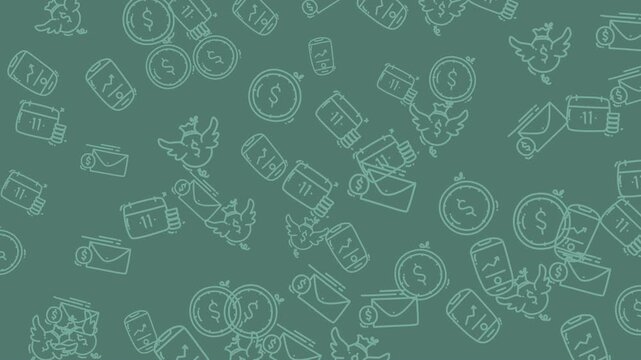 Doodles of birds, calendars, money, and mail on teal. Suitable for stationery, calendars, financial, or communicationrelated designs requiring whimsical illustrations.