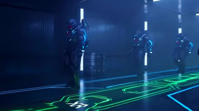 Exosuit soldiers parade along illuminated deployment area in formation, Armored personnel equipped with exosuits march in disciplined formation through brightly lit deployment bay