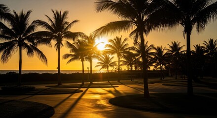 Golden Sunset Shines Through Silhouetted Palm Trees at Beach