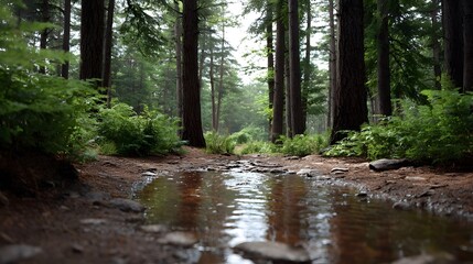Obraz premium A forest path with a shallow puddle reflecting tall trees and lush greenery