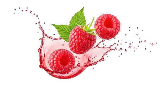 Fresh raspberries splashing into red juice isolated on transparent background