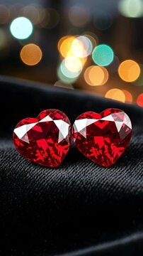 Two heart shaped red ruby gemstones on black velvet fabric with bokeh city lights background, romantic jewelry concept for valentines day