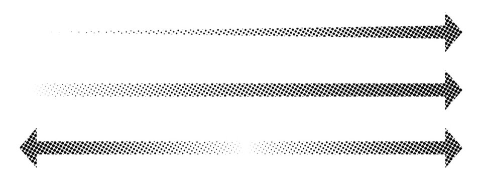 Set of long black arrow symbols with halftone, pixel or grain texture isolated on white background. Direction, motion or forward signs with a faded polka dot pattern. Vector graphic illustrations.