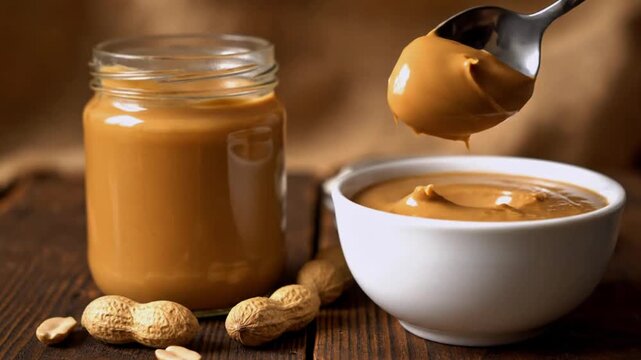 Peanut butter in a jar and bowl with peanuts on a wooden table