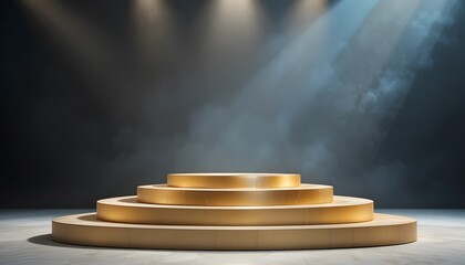 Obraz premium Golden circular podium illuminated by dramatic spotlights in a smoky dark environment. 123 winner