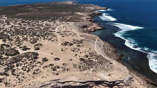 Scott Bay, Fowlers Bay, South Australia &ndash; 4K aerial drone view of Great Australian Bight coastline, turquoise ocean, sand dunes, white sand beach and limestone cliffs